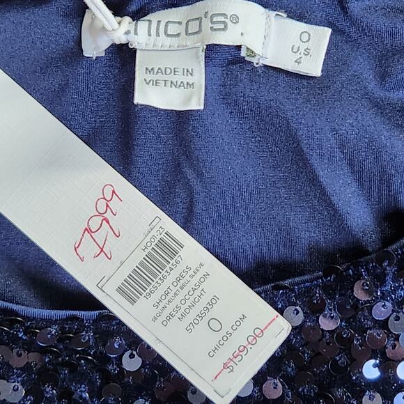 Chico's sequined velvet dress bell sleeves midnight blue size 4 Chico's 0 NWT - Picture 4 of 7